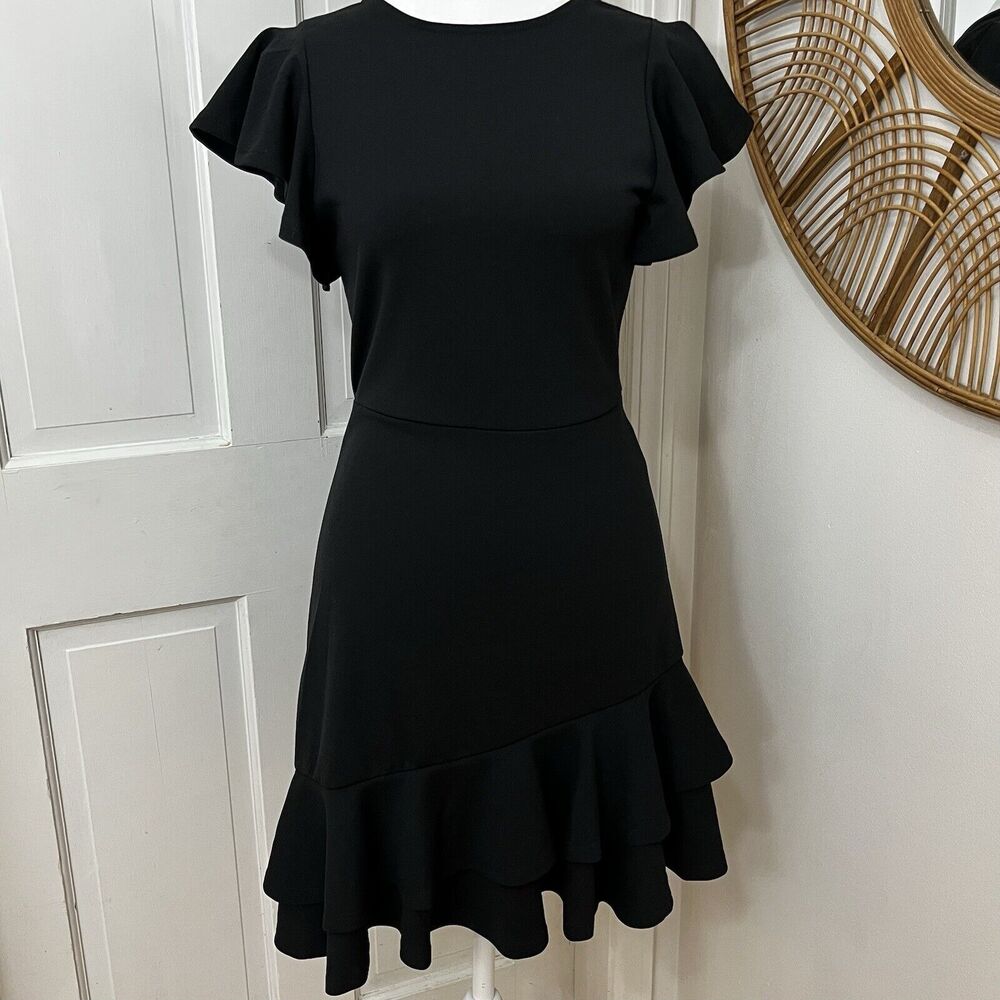 Floerns Womens V Back Inslace Layered Ruffle‎ Hem Flutter Sleeve Dress Black XS